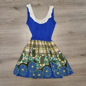 Love Stitch Blue Floral Plaid Mixed Print Boho Dress with Crochet Trim Small Y2K